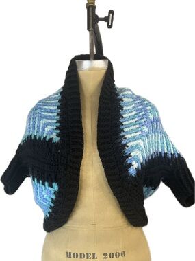 Hand knit Mohair Blend Soft Open Front Shrug w/ Blue Variegated Knit Panels